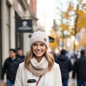 Cozy Cream Knit Pom-Pom Beanie Knit Turtleneck Infinity Scarve